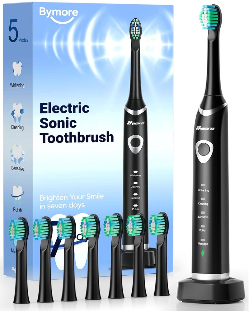 Bymore Electric Toothbrush for Adults, Sonic Rechargeable Toothbrush with 8 Brush Heads, 330-Day Battery, 5 Cleaning Modes & 2-Min Timer, Travel-Friendly Ultra Clean Design – Black - Image 1